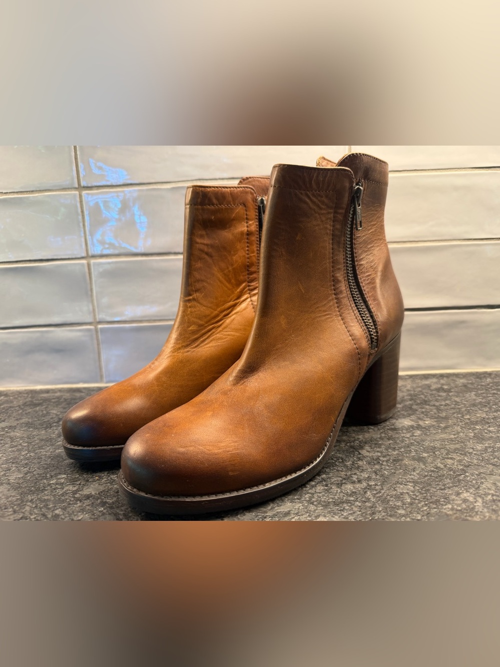 Frye Cognac Brown Leather Side-Zip Ankle Boots